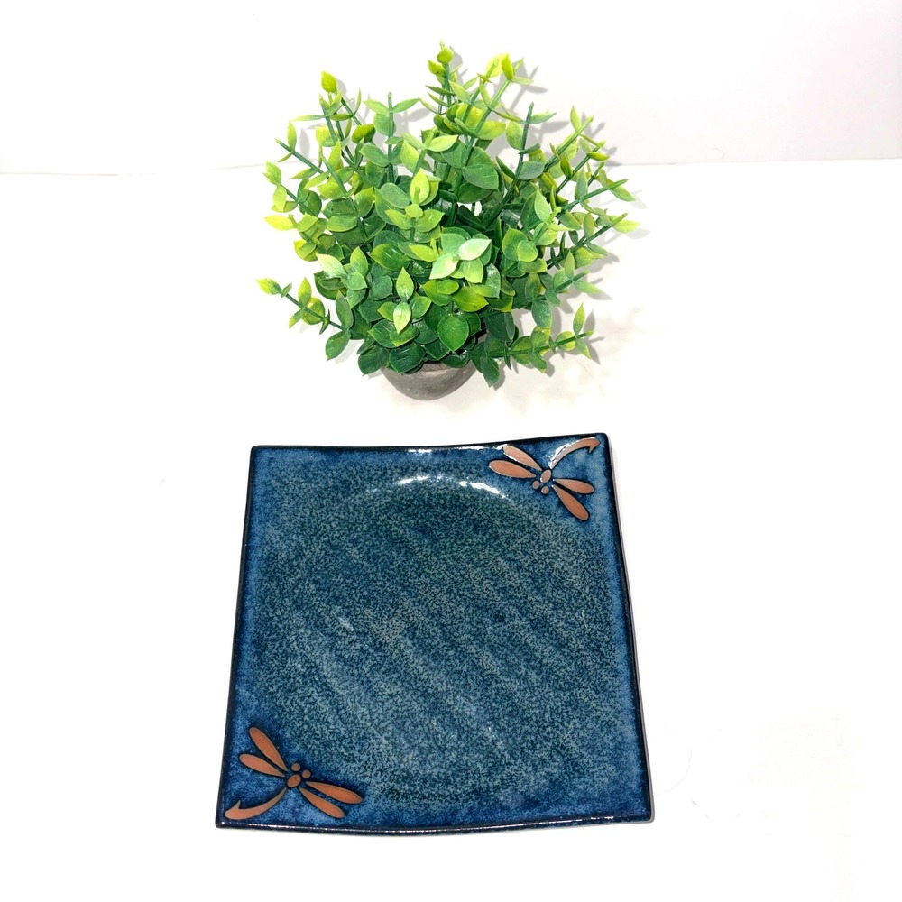 Blue Mottled Glaze Square Ceramic Dragonfly Art Pottery Plate 7.25in